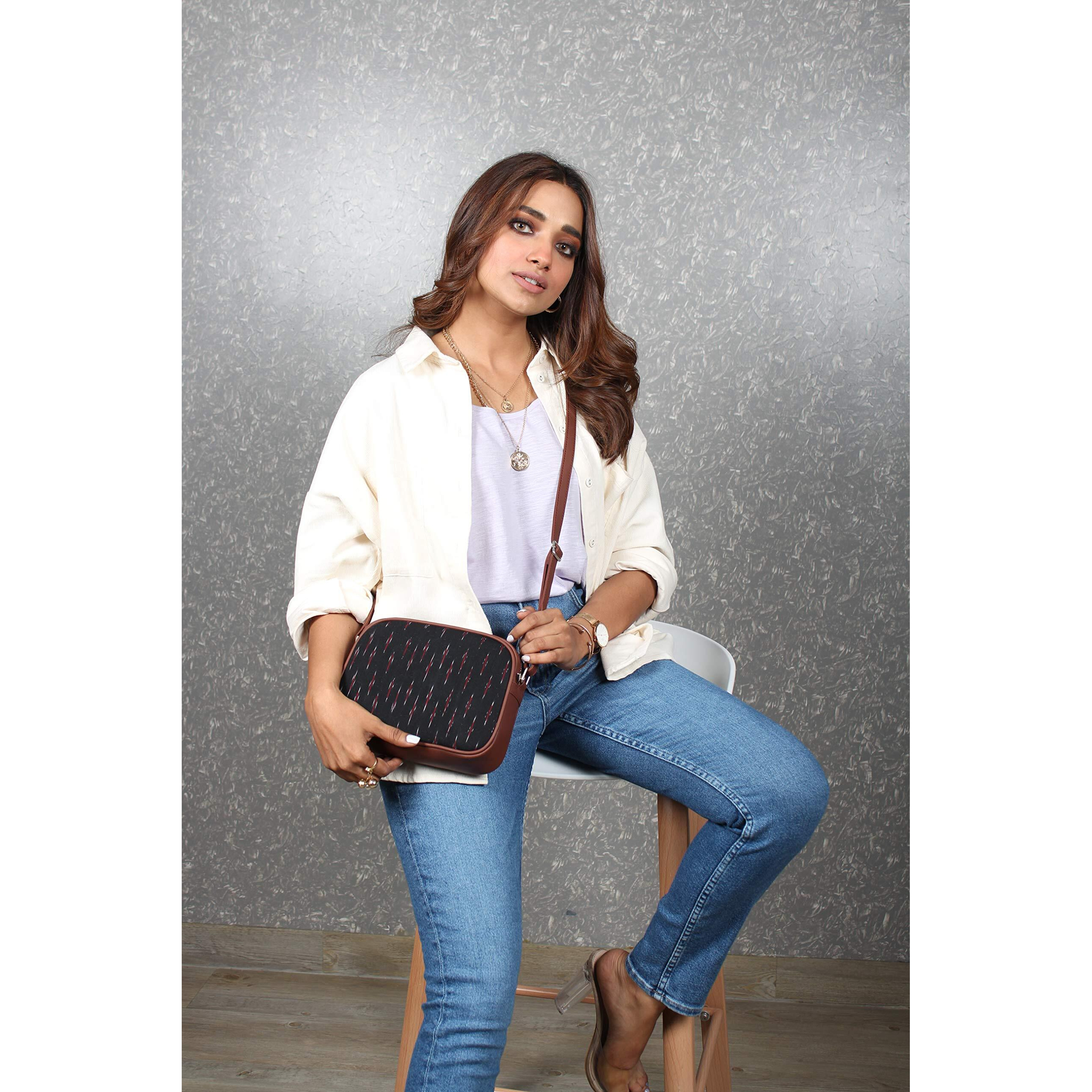 ZOUK Handmade Vegan Leather Ikat GreRed Print Women s Sling Bags With Adjustable Shoulder Strap