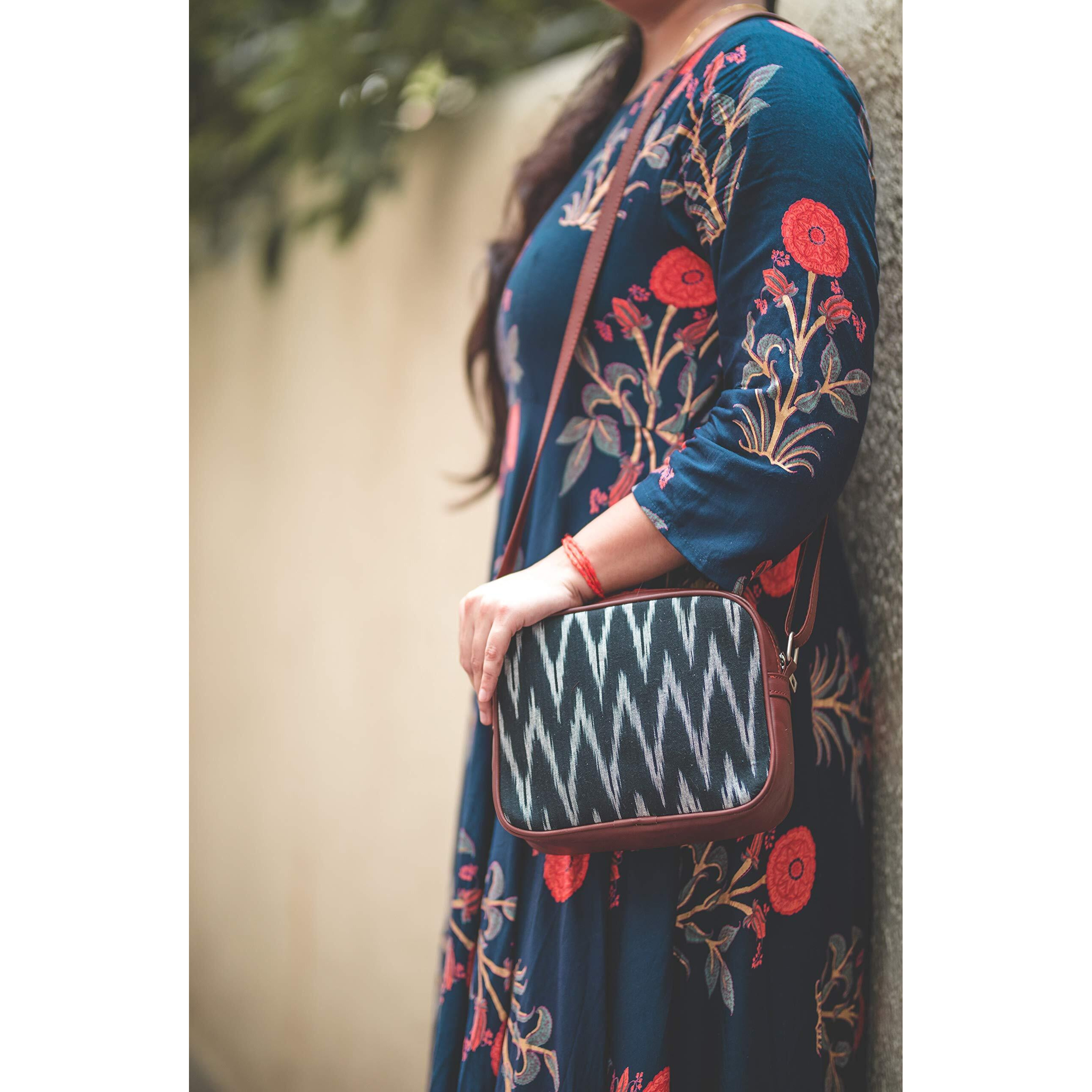 ZOUK Handmade Vegan Leather Ikat Wave Print Women s Sling Bags With Adjustable Shoulder Strap