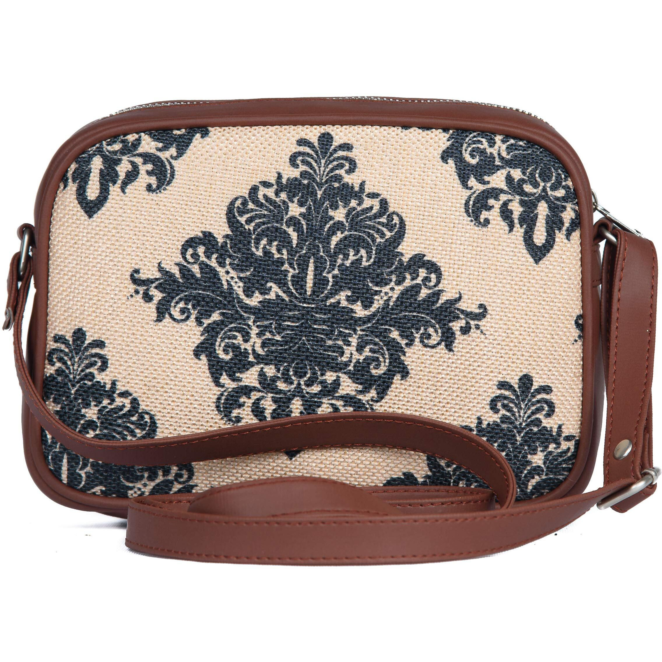 ZOUK Handmade Vegan Leather Mughal Motif Print Women s Sling Bags With Adjustable Shoulder Strap