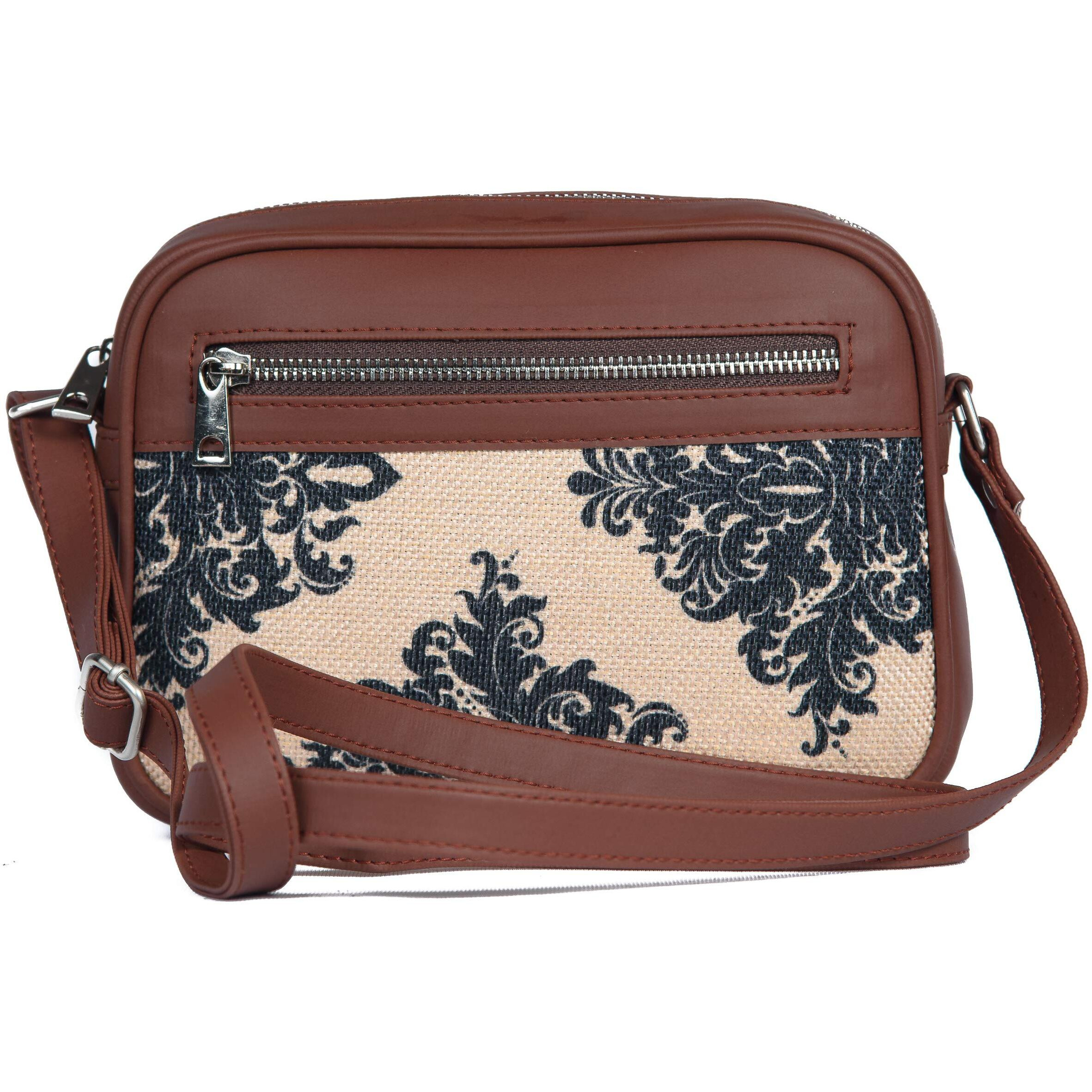 ZOUK Handmade Vegan Leather Mughal Motif Print Women s Sling Bags With Adjustable Shoulder Strap