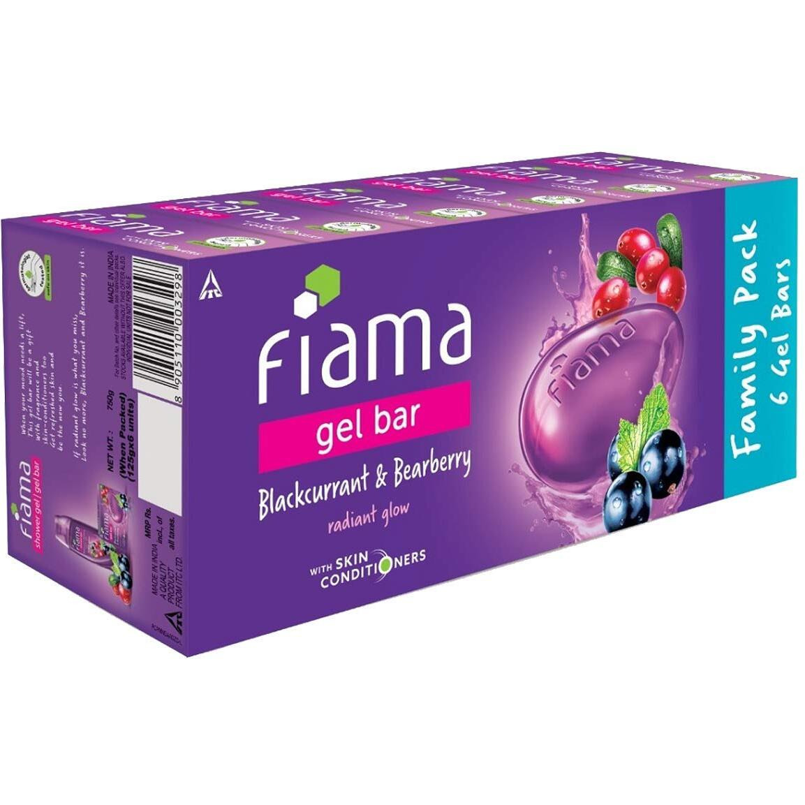 Fiama Gel Bar Blackcurrant And Bearberry, With Skin Conditioners For Moisturized, Radiant & Glowing Skin, 750g (125g - Pack of 6), Soap for Women & Men, For All Skin Types