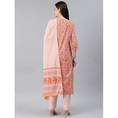Vaamsi Women s Rayon Blend Floral Printed Straight Kurta Pant With Dupatta (VKSKD1043E_Peach_S)