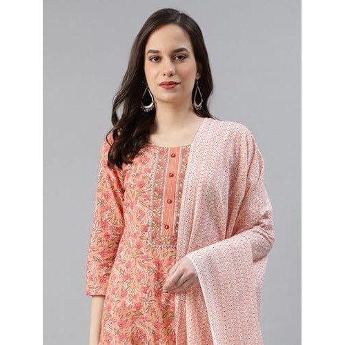Vaamsi Women s Rayon Blend Floral Printed Straight Kurta Pant With Dupatta (VKSKD1043E_Peach_S)