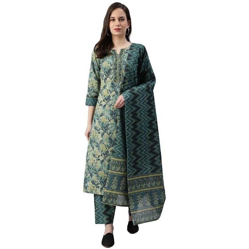 Vaamsi Cotton Printed Kurta Palazzo Dupatta Set (VKSKD1091_L_Teal)