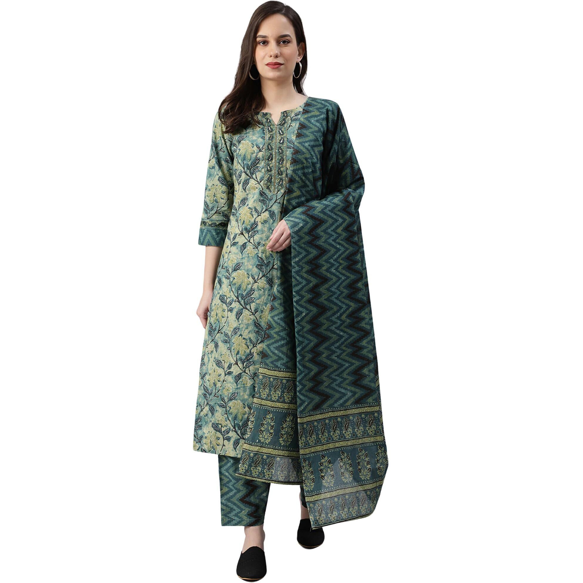 Vaamsi Cotton Printed Kurta Palazzo Dupatta Set (VKSKD1091_M_Teal)