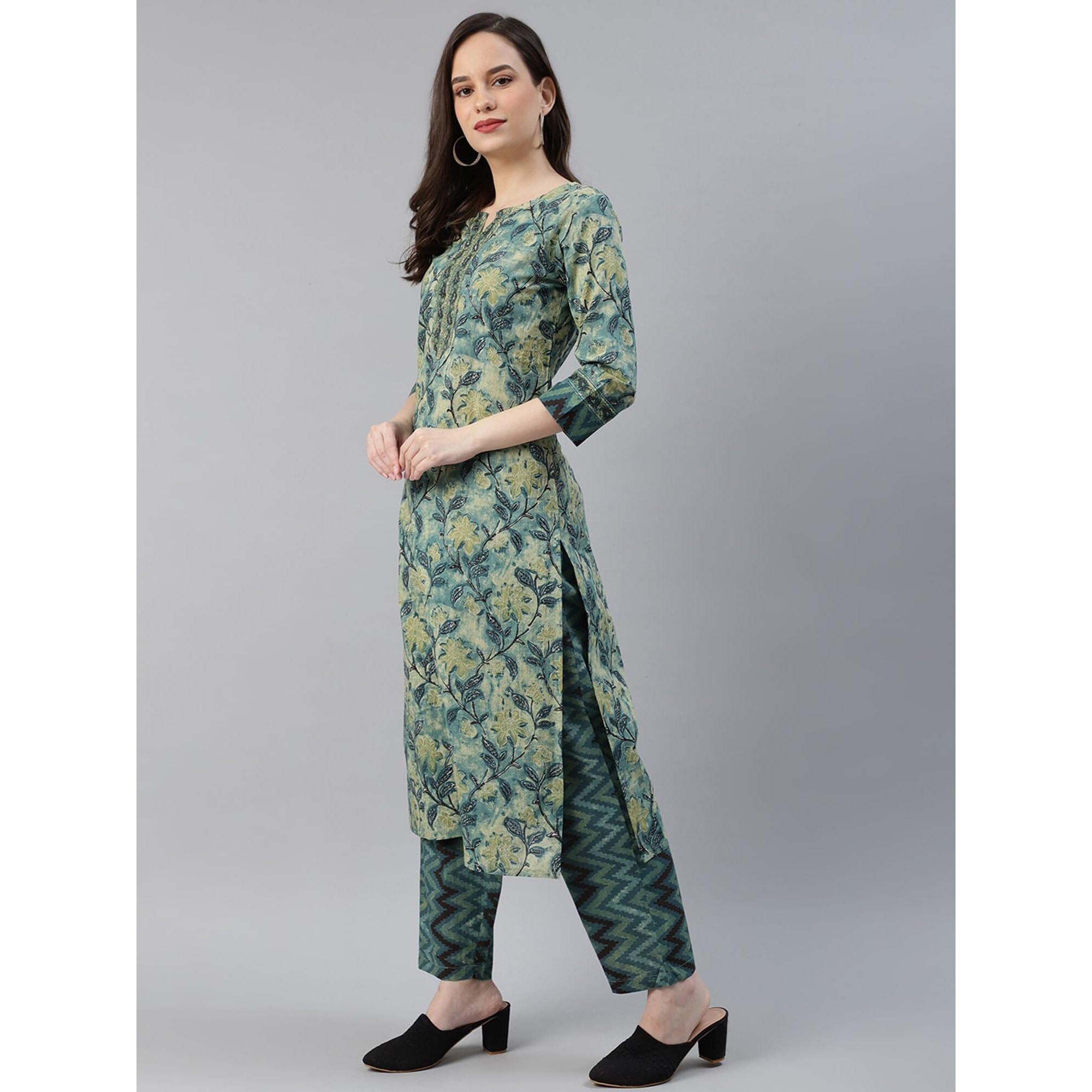 Vaamsi Cotton Printed Kurta Palazzo Dupatta Set (VKSKD1091_M_Teal)