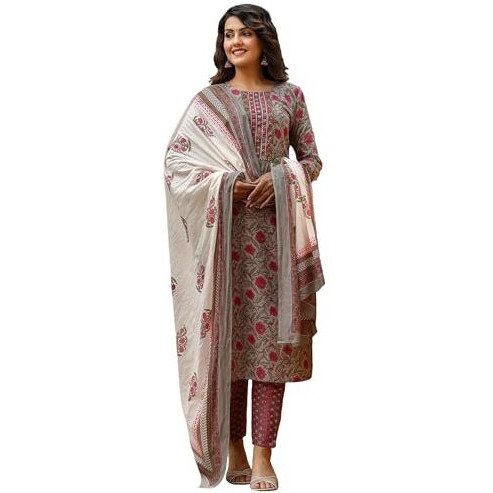 Vaamsi Women s Floral Printed Straight Kurta Pant With Dupatta (VKSKD1133_M_Grey)