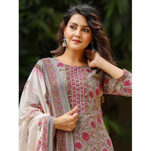 Vaamsi Women s Floral Printed Straight Kurta Pant With Dupatta (VKSKD1133_M_Grey)