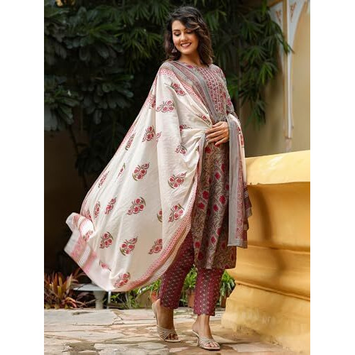 Vaamsi Women s Floral Printed Straight Kurta Pant With Dupatta (VKSKD1133_M_Grey)