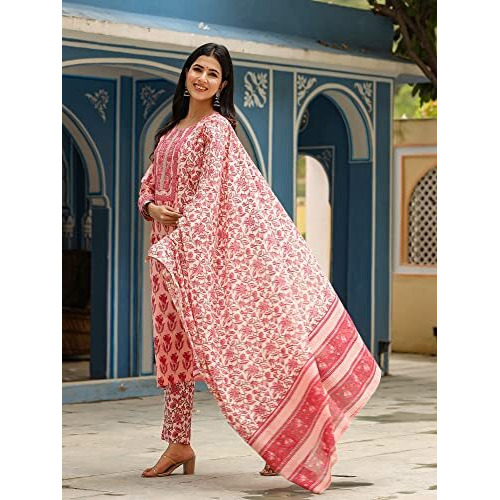 Vaamsi Women s Cotton Printed Kurta Pant Dupatta Set (VKSKD1154_M_Pink)