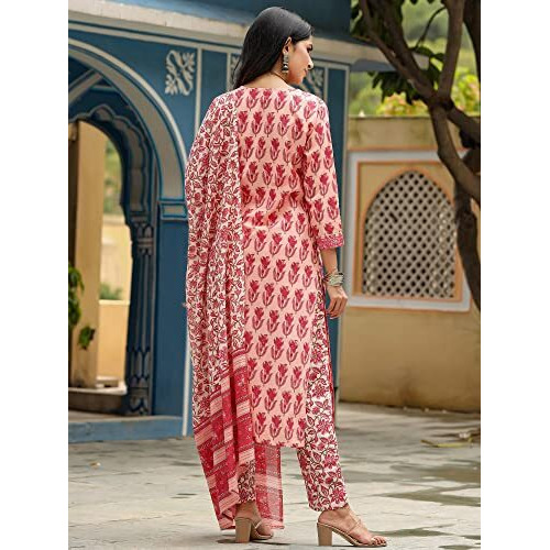 Vaamsi Women s Cotton Printed Kurta Pant Dupatta Set (VKSKD1154_M_Pink)