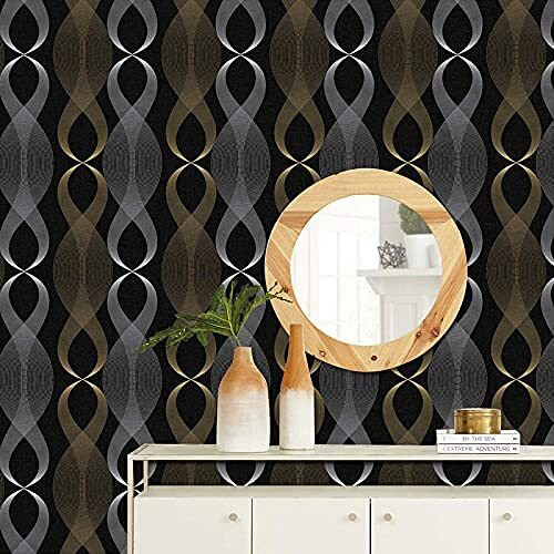 ANNA CREATIONS Self Adhesive Decorative Peel Stick Sea Green Waterproof Floral Wallpaper Removable Wall Sticker for Living Room Hall Decoration PVC Vinyl DIY Wall Stickers 45x304cm (Black Gold Waves)