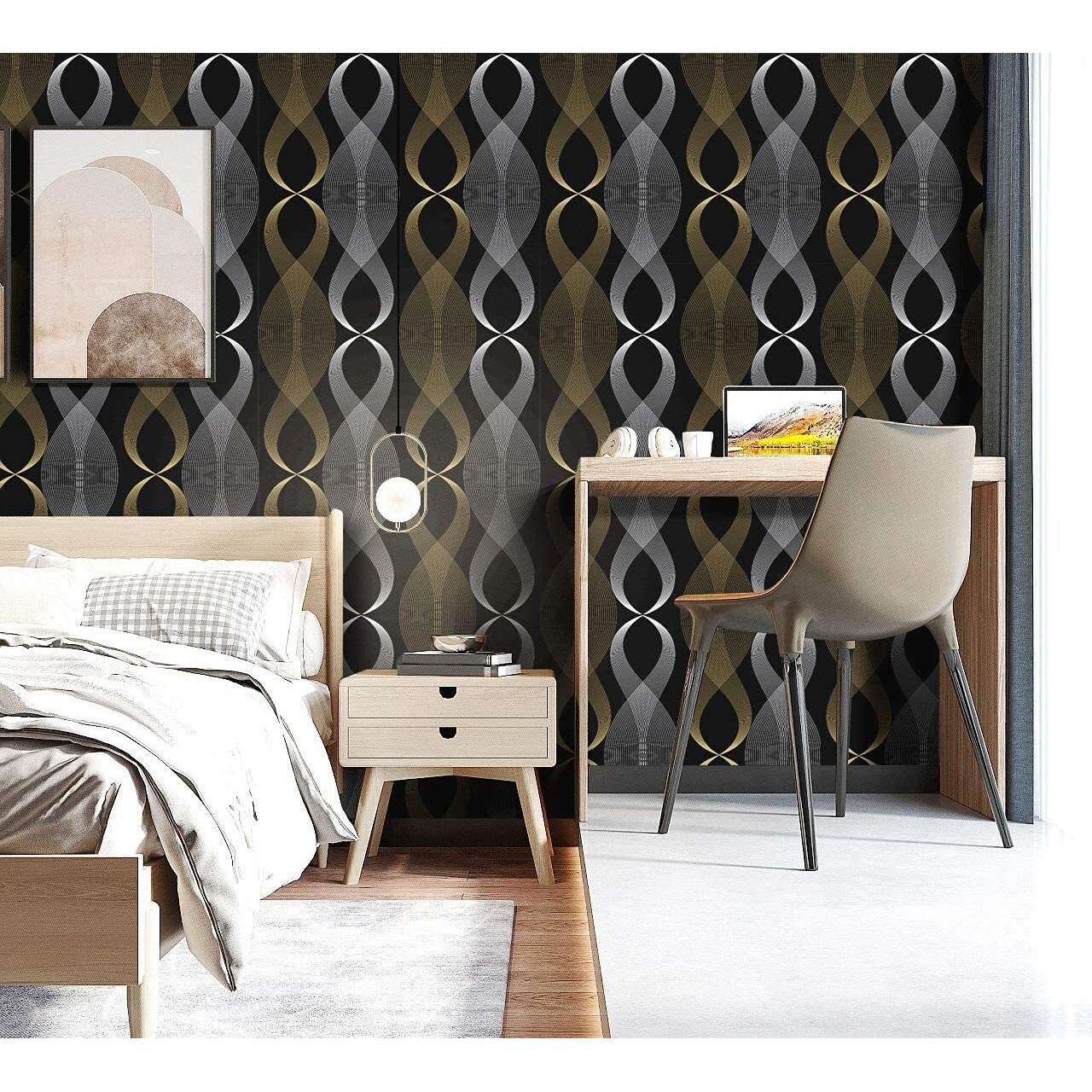 ANNA CREATIONS Self Adhesive Decorative Peel Stick Sea Green Waterproof Floral Wallpaper Removable Wall Sticker for Living Room Hall Decoration PVC Vinyl DIY Wall Stickers 45x304cm (Black Gold Waves)