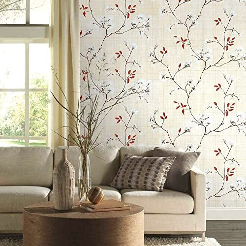 ANNA CREATIONS Self Adhesive Decorative Peel Stick Sea Green Waterproof Floral Wallpaper Removable Wall Sticker for Living Room Hall Decoration PVC Vinyl DIY Wall Stickers 45x304cm (Beige Cherry)