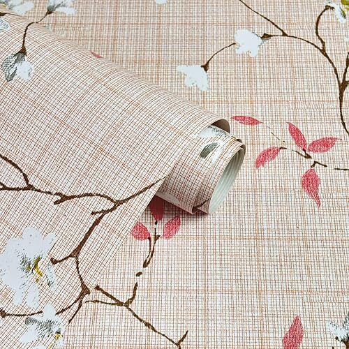 ANNA CREATIONS Self Adhesive Decorative Peel Stick Sea Green Waterproof Floral Wallpaper Removable Wall Sticker for Living Room Hall Decoration PVC Vinyl DIY Wall Stickers 45x304cm (Beige Cherry)