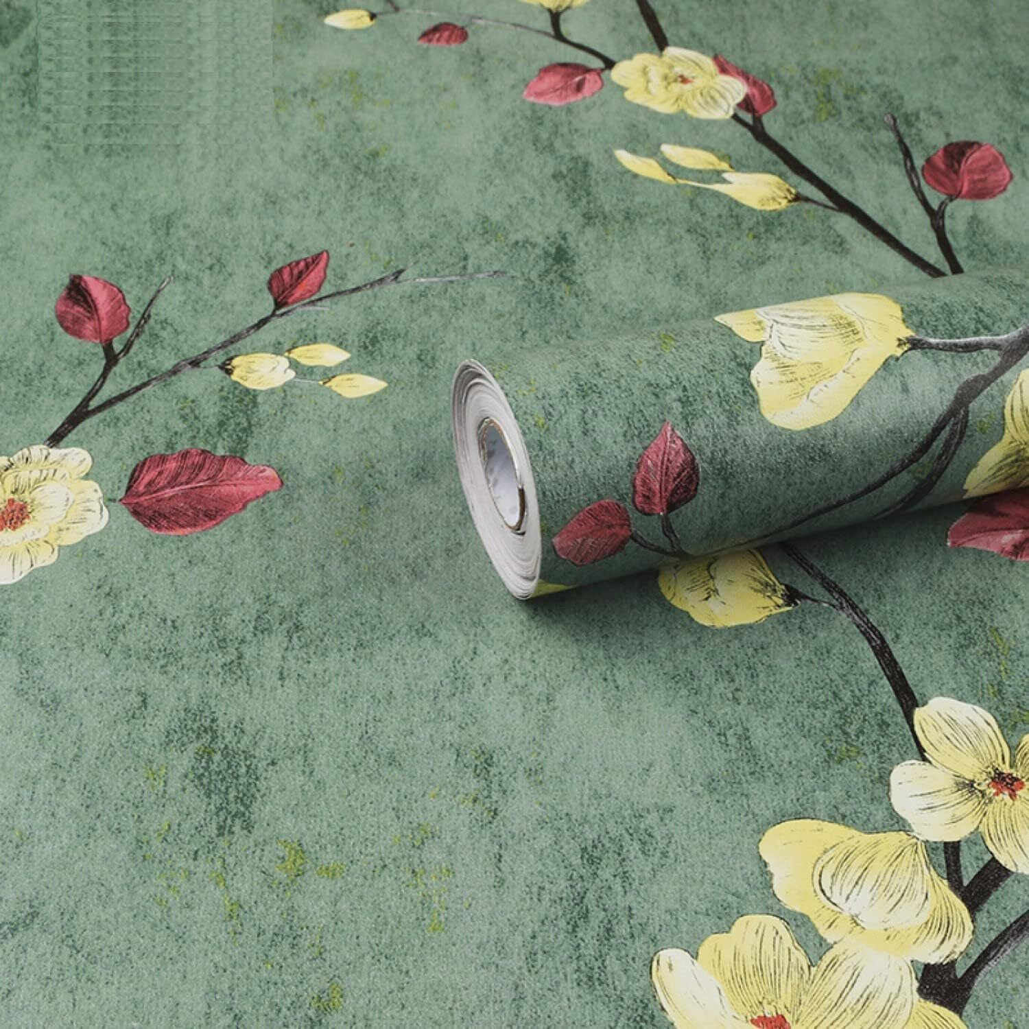 ANNA CREATIONS Self Adhesive Decorative Peel Stick Sea Green Waterproof Floral Wallpaper Removable Wall Sticker for Living Room Hall Decoration PVC Vinyl DIY Wall Stickers 45x304cm (Green Floral)