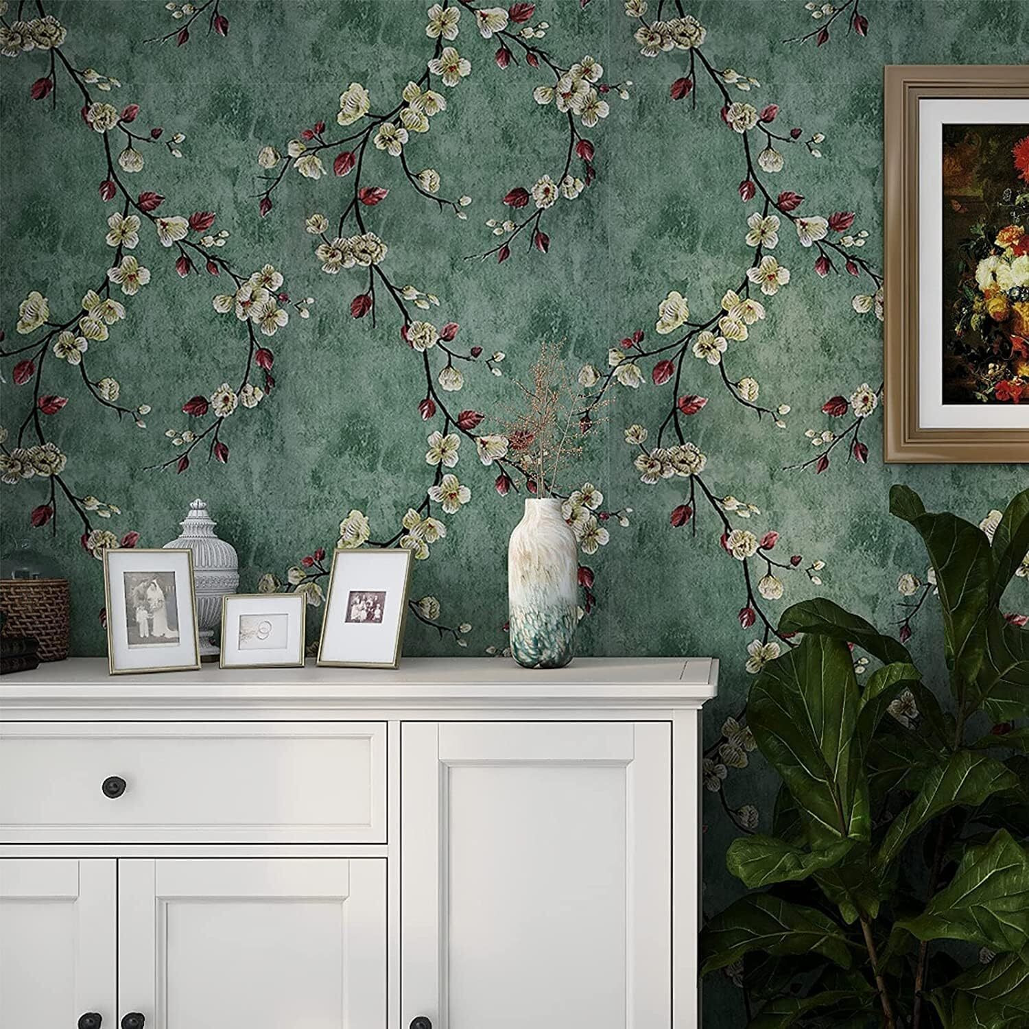 ANNA CREATIONS Self Adhesive Decorative Peel Stick Sea Green Waterproof Floral Wallpaper Removable Wall Sticker for Living Room Hall Decoration PVC Vinyl DIY Wall Stickers 45x304cm (Green Floral)