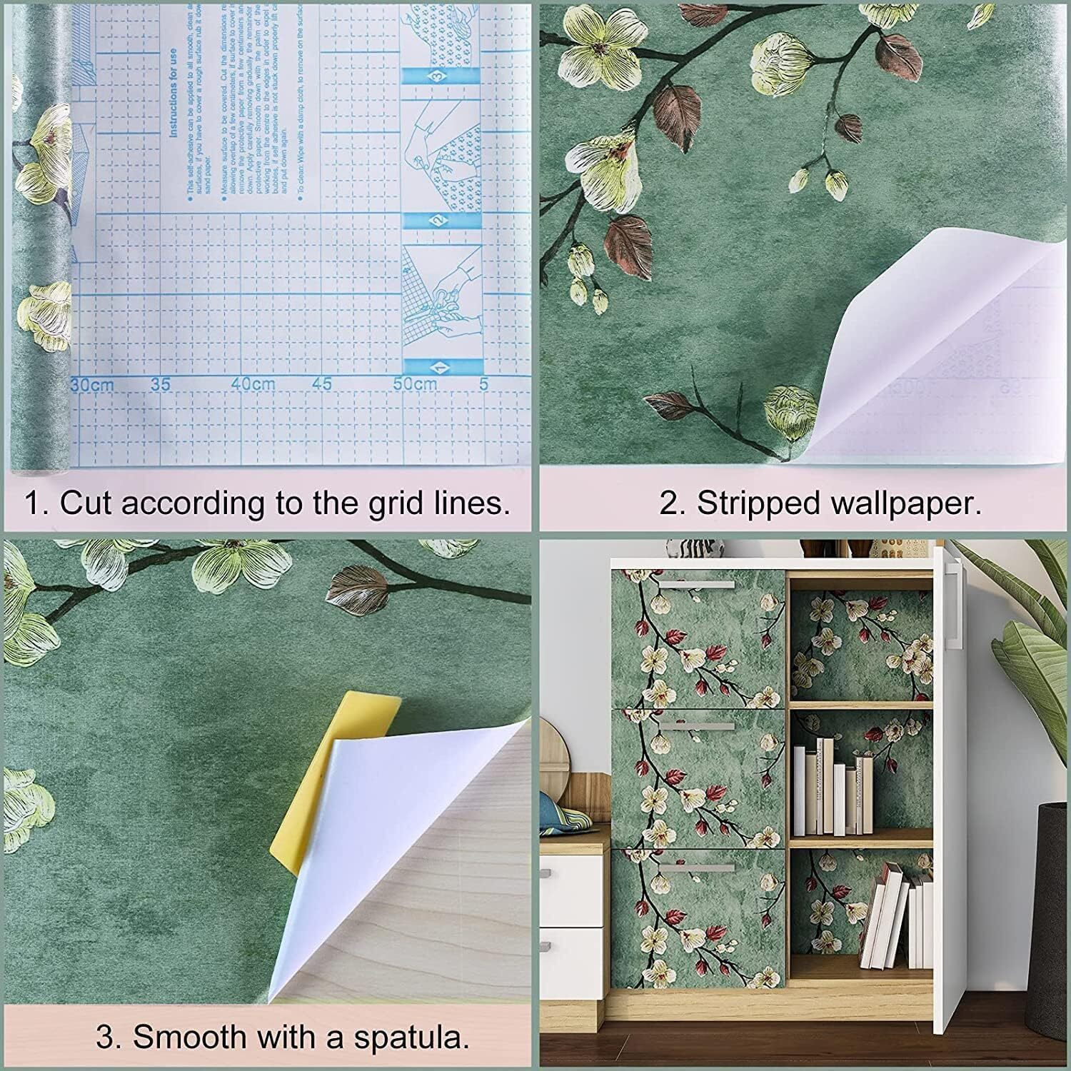 ANNA CREATIONS Self Adhesive Decorative Peel Stick Sea Green Waterproof Floral Wallpaper Removable Wall Sticker for Living Room Hall Decoration PVC Vinyl DIY Wall Stickers 45x304cm (Green Floral)