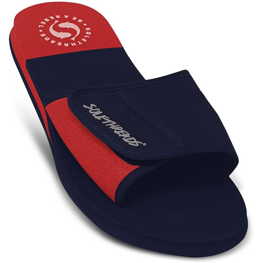 SOLETHREADS FREEWAY | Slides | Velcro Adjustable Strap | Cushioned Footbed | Comfy | Slippers | Flip Flops for Men | UK 11 | NAVY/RED