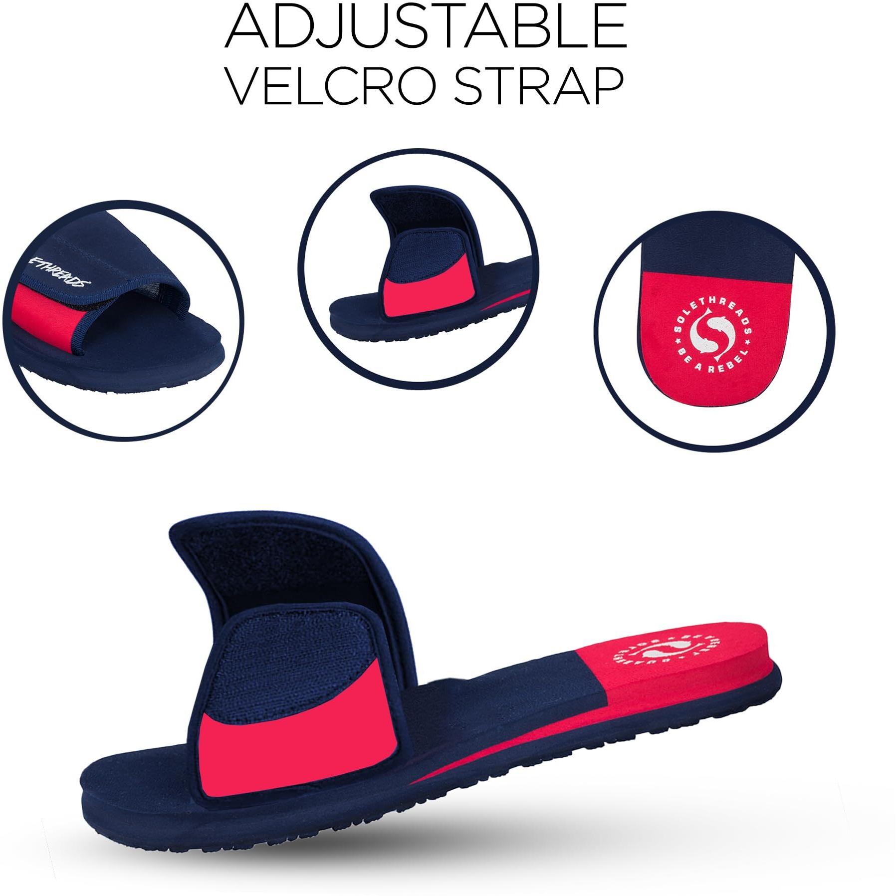 SOLETHREADS FREEWAY | Slides | Velcro Adjustable Strap | Cushioned Footbed | Comfy | Slippers | Flip Flops for Men | UK 11 | NAVY/RED