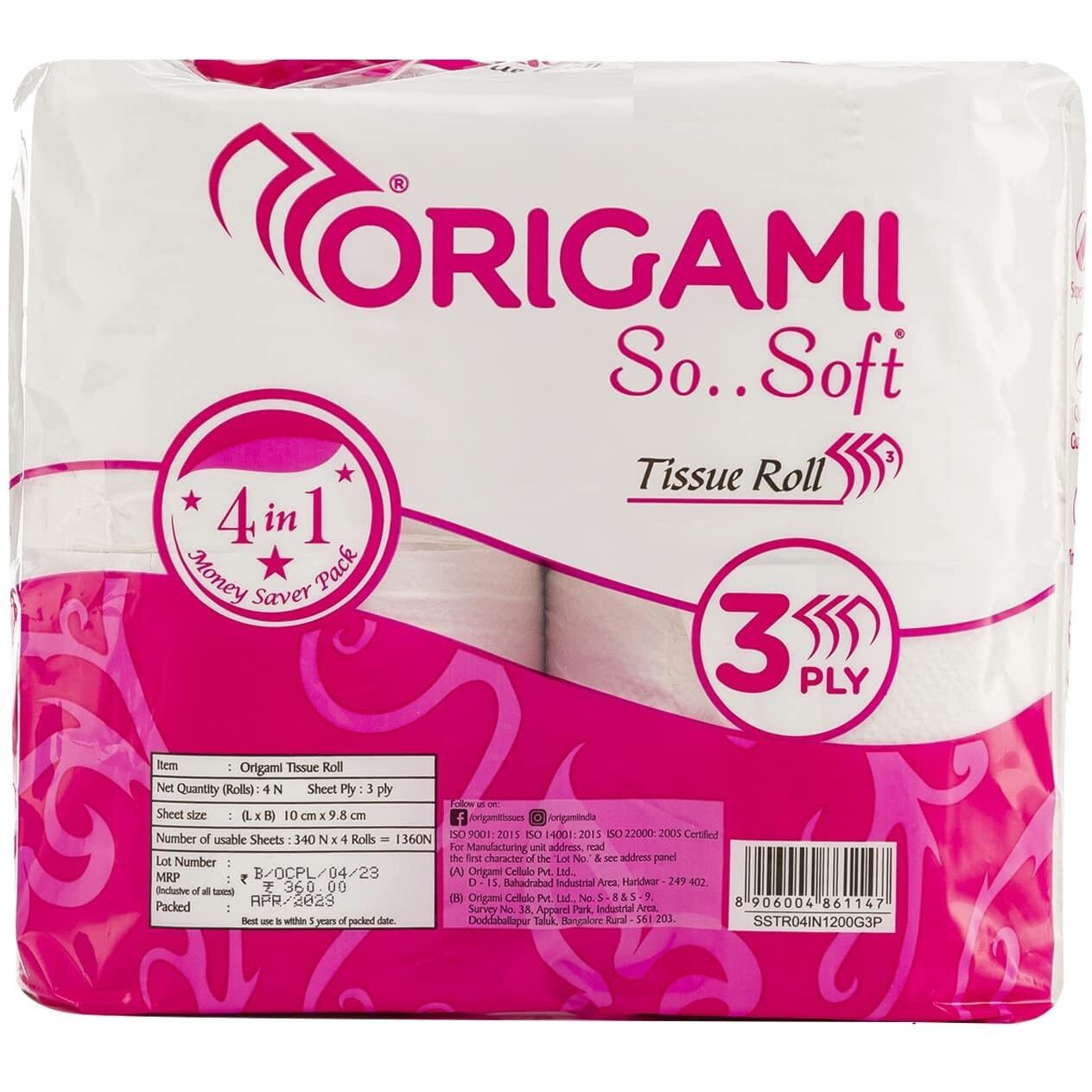 Origami 3 Ply Soft And Highly Absorbent Toilet Tissue Paper | 100% Natural Virgin Cellulose Fiber - Pack of 4 (340 Pulls Per Roll, 1360 Sheets)
