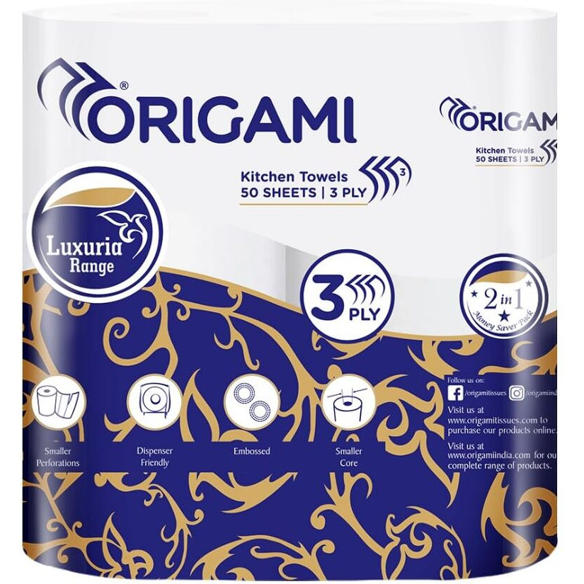 Origami 3 Ply Kitchen Tissue Paper Roll - 2 in 1 (50 Pulls Per Roll, 100 Sheets)