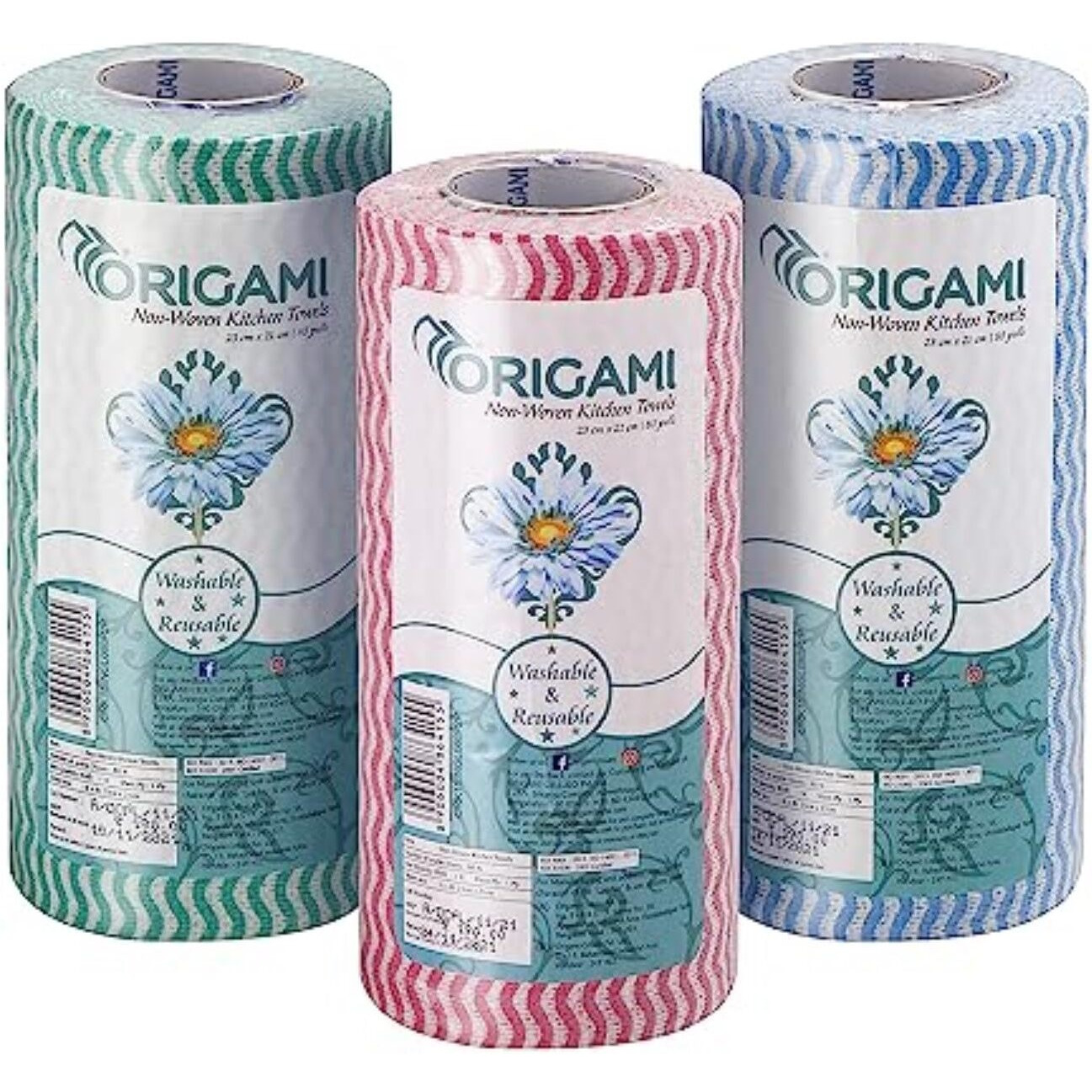 Origami Non Woven Reusable Kitchen Towel Roll - Pack of 3 (80 Pulls Per Roll, 240 Sheets)