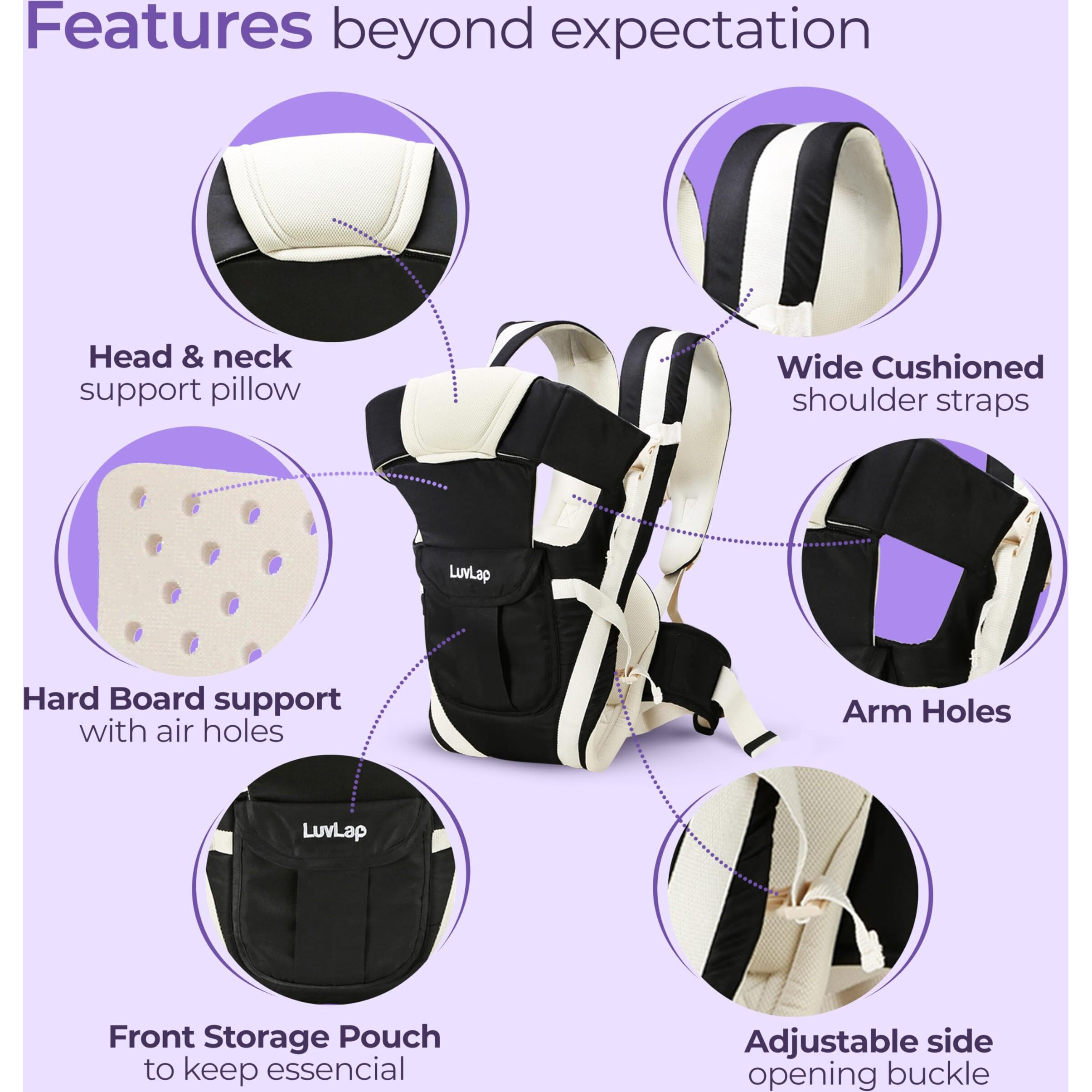 LuvLap Elegant Baby Carrier with 4 carry positions, lightweight & travel friendly, 4-24Month baby, Adjustable New-born to Toddler Carrier with cushioned leg support, Max weight 15Kg (Black)