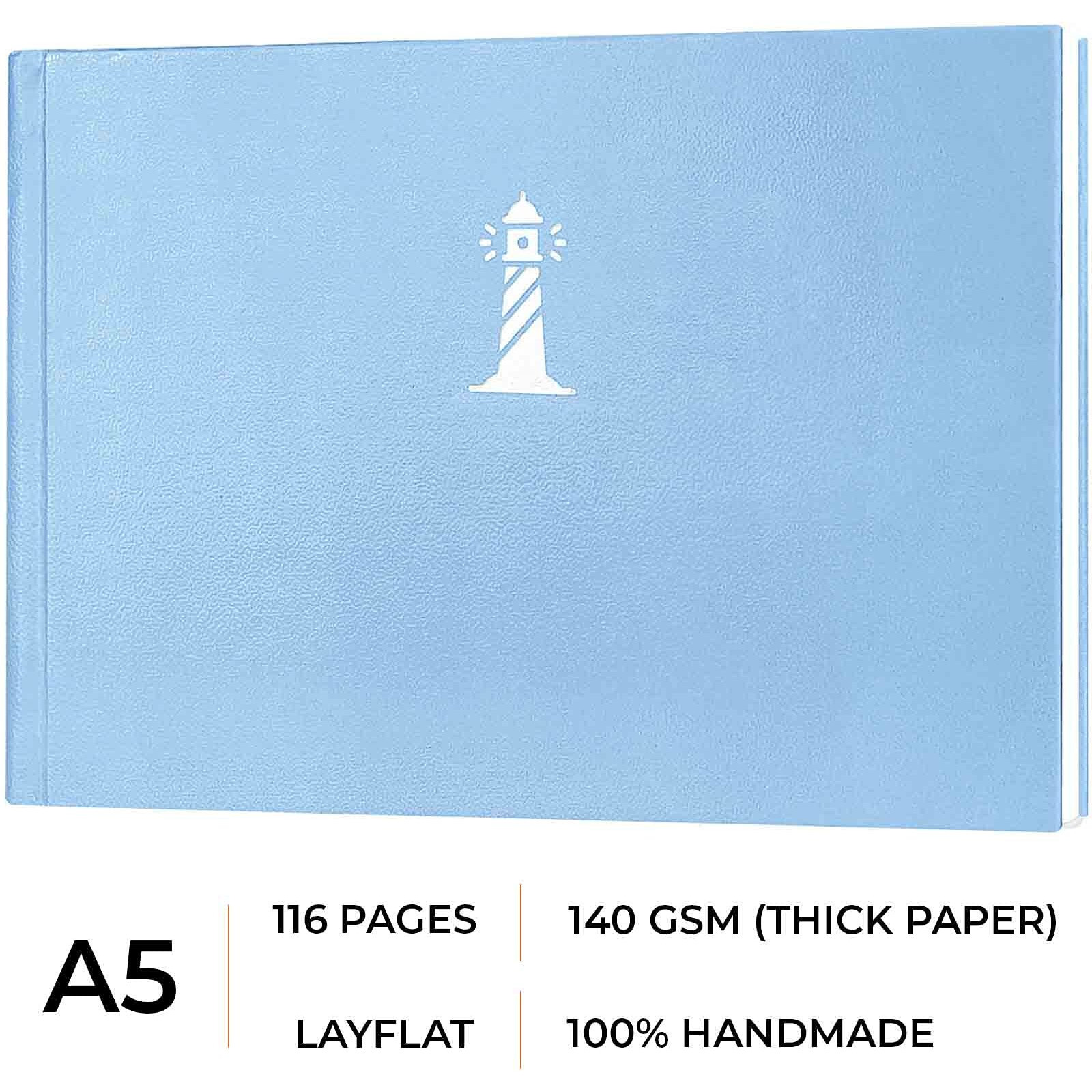 MENORAH - A5 Sketch Book for Artists-140 GSM Dry Mixed Media -(58 Sheets/116 Pages)- Art Journal- (Size-14.8 cm x 21.0 cm)- Hard Bound- Handmade- CASSATA Sketchbook (Sea Blue- Lighthouse)- Landscape
