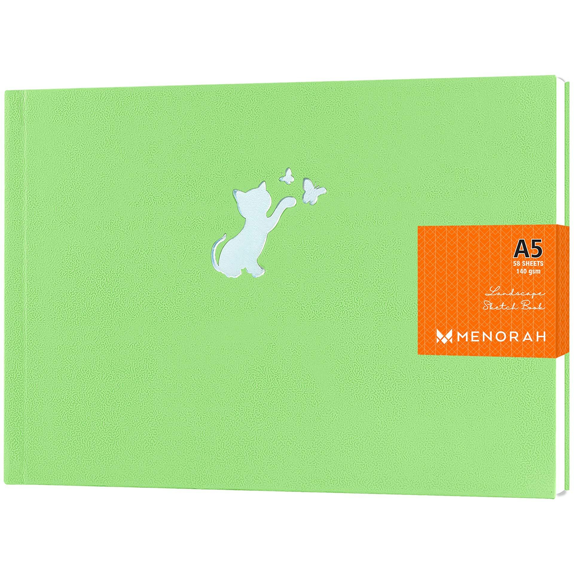 MENORAH - A5 Artists Sketchbook - Drawing Book - 140 GSM - (58 Sheets / 116 Pages) - (Size - 14.8 cm x 21.0 cm)  CASSATA Sketch Book - Completely Handmade- (Apple Green - Kitty Cat)- Landscape