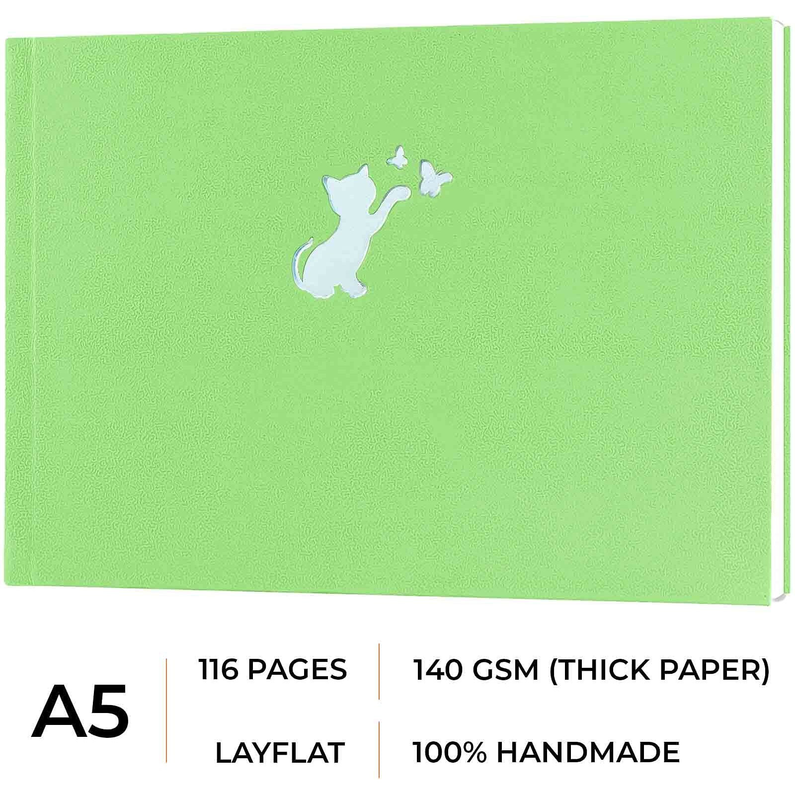 MENORAH - A5 Artists Sketchbook - Drawing Book - 140 GSM - (58 Sheets / 116 Pages) - (Size - 14.8 cm x 21.0 cm)  CASSATA Sketch Book - Completely Handmade- (Apple Green - Kitty Cat)- Landscape