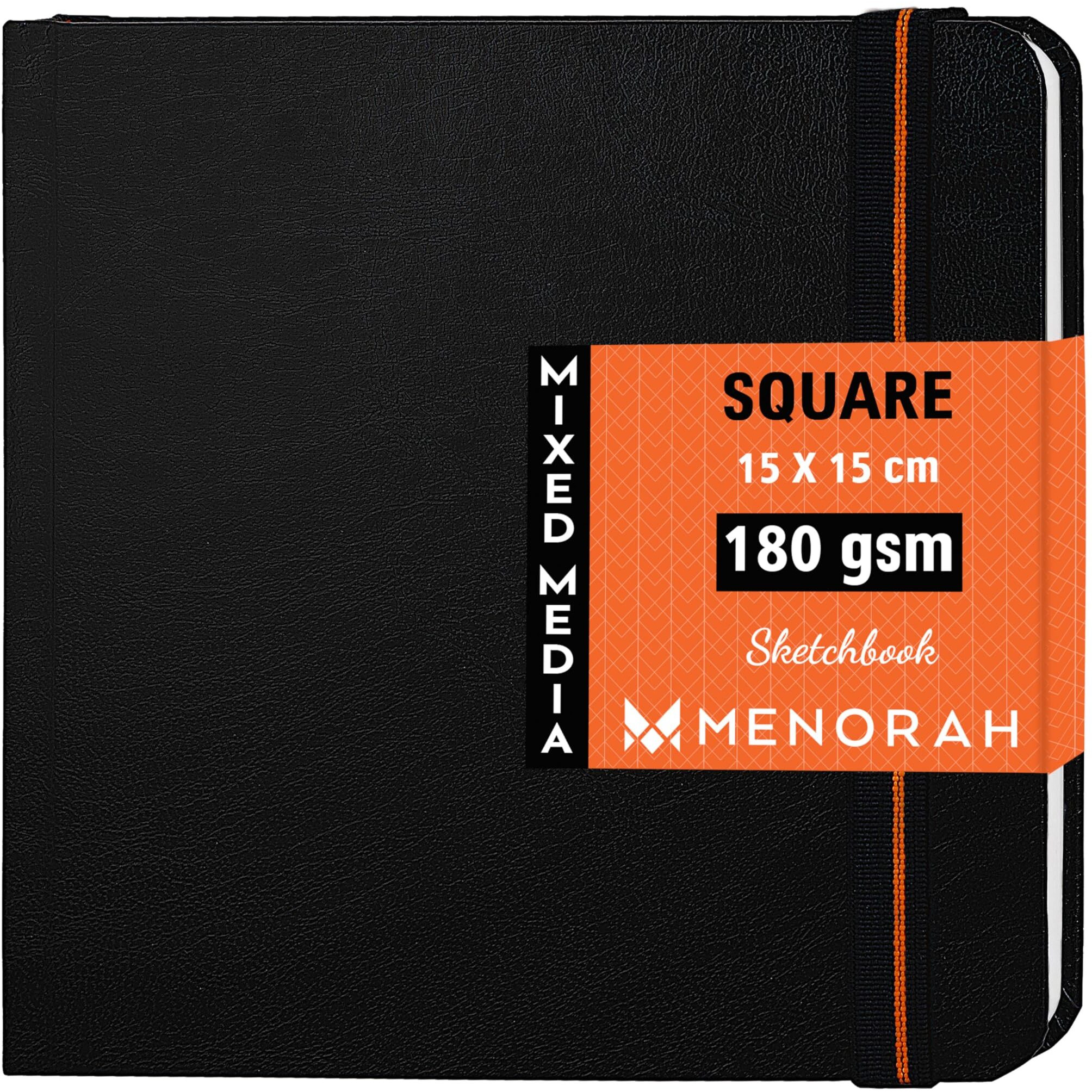 MENORAH - Sketch Book for Artist - Square - 180 GSM - Square Sketchbook - for Drawing - Hard Bound - 100 Pages/50 Sheets - (15.0 x 15.0 cm)-(Black) watercolorGraphiteoil Pastels, Paper,Silk
