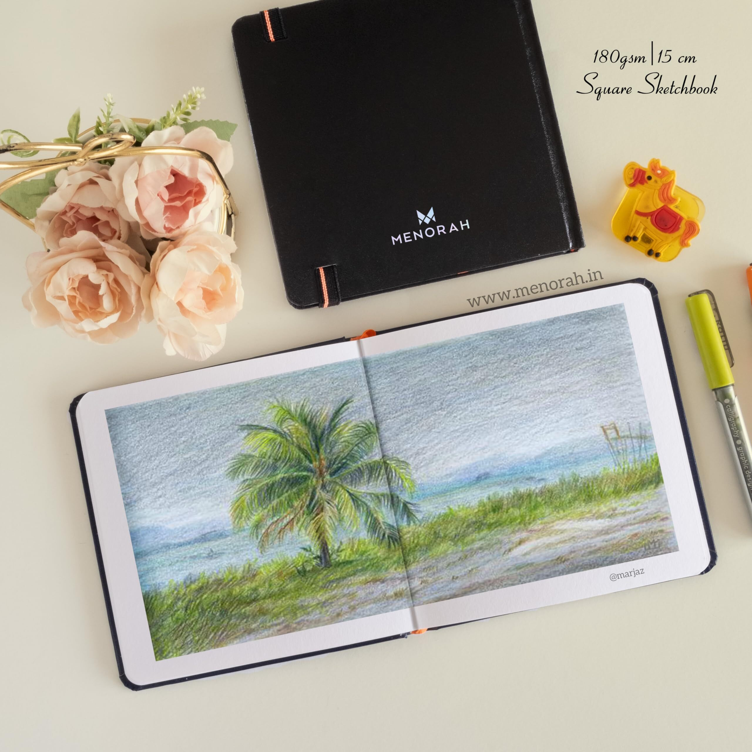 MENORAH - Sketch Book for Artist - Square - 180 GSM - Square Sketchbook - for Drawing - Hard Bound - 100 Pages/50 Sheets - (15.0 x 15.0 cm)-(Black) watercolorGraphiteoil Pastels, Paper,Silk