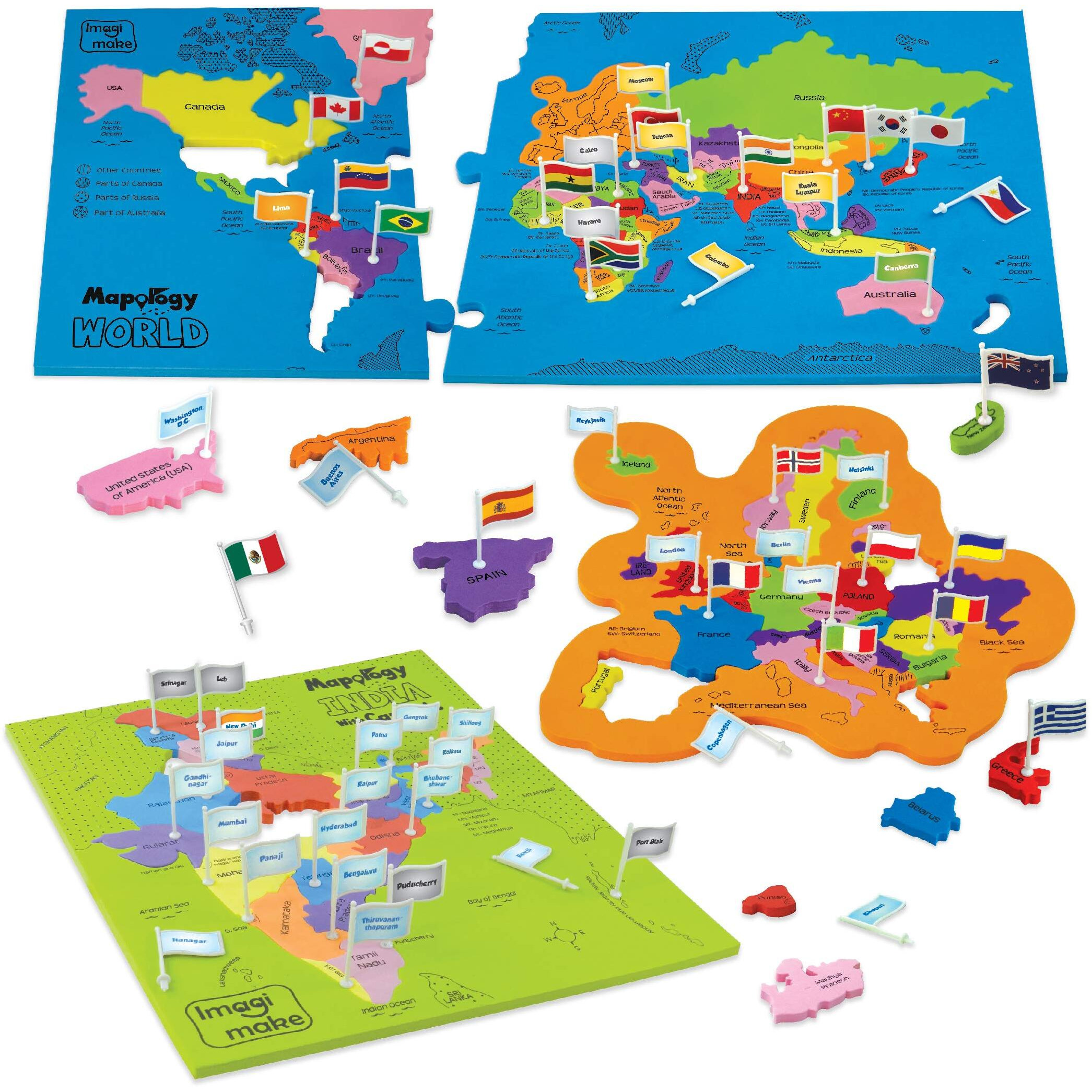 Imagimake Mapology India and World Maps with Capitals - Learn Capitals and Country Flags - Educational Toy for Kids Above 5 Years, Multicolor