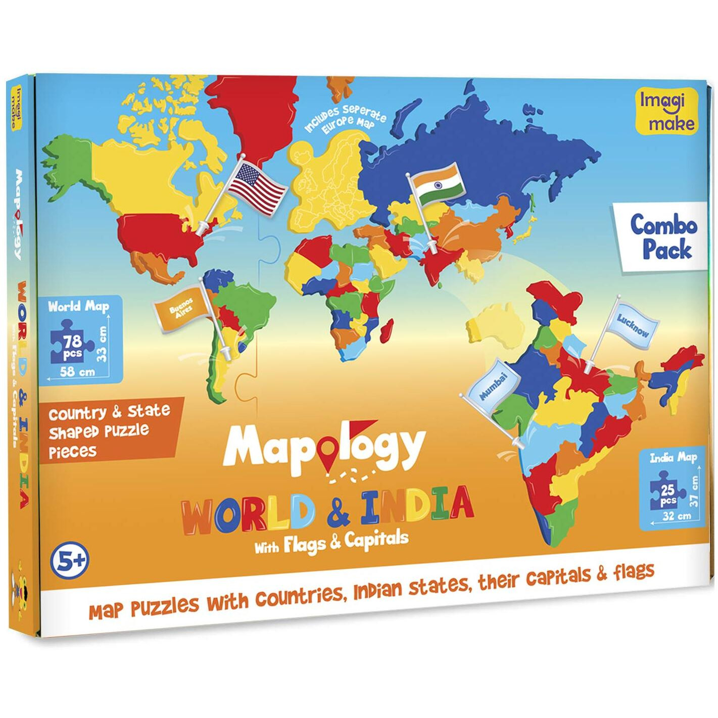 Imagimake Mapology India and World Maps with Capitals - Learn Capitals and Country Flags - Educational Toy for Kids Above 5 Years, Multicolor