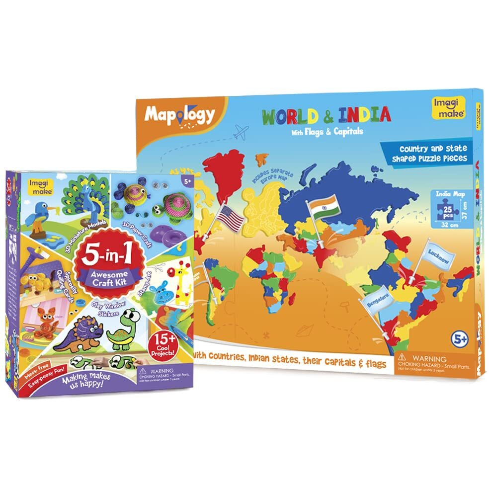 Imagimake Kid Combo Educational Map, Birds Puzzle And 5-In-1 Craft Kit, Multicolour, Paper