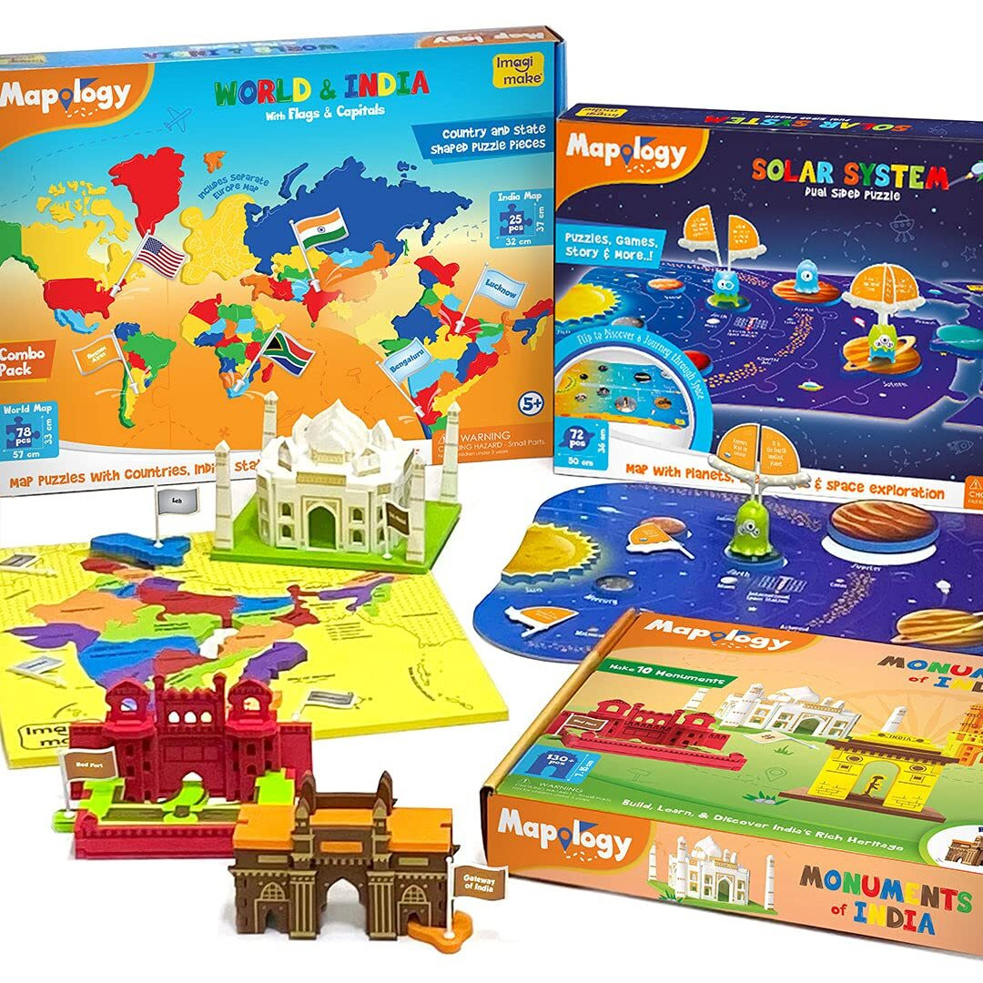 Imagimake Mapology Ultimate Combo India & World Map Puzzle, Solar System Puzzle & Monument of India Construstion Set - Educational Toy for Kids Above 5 Years