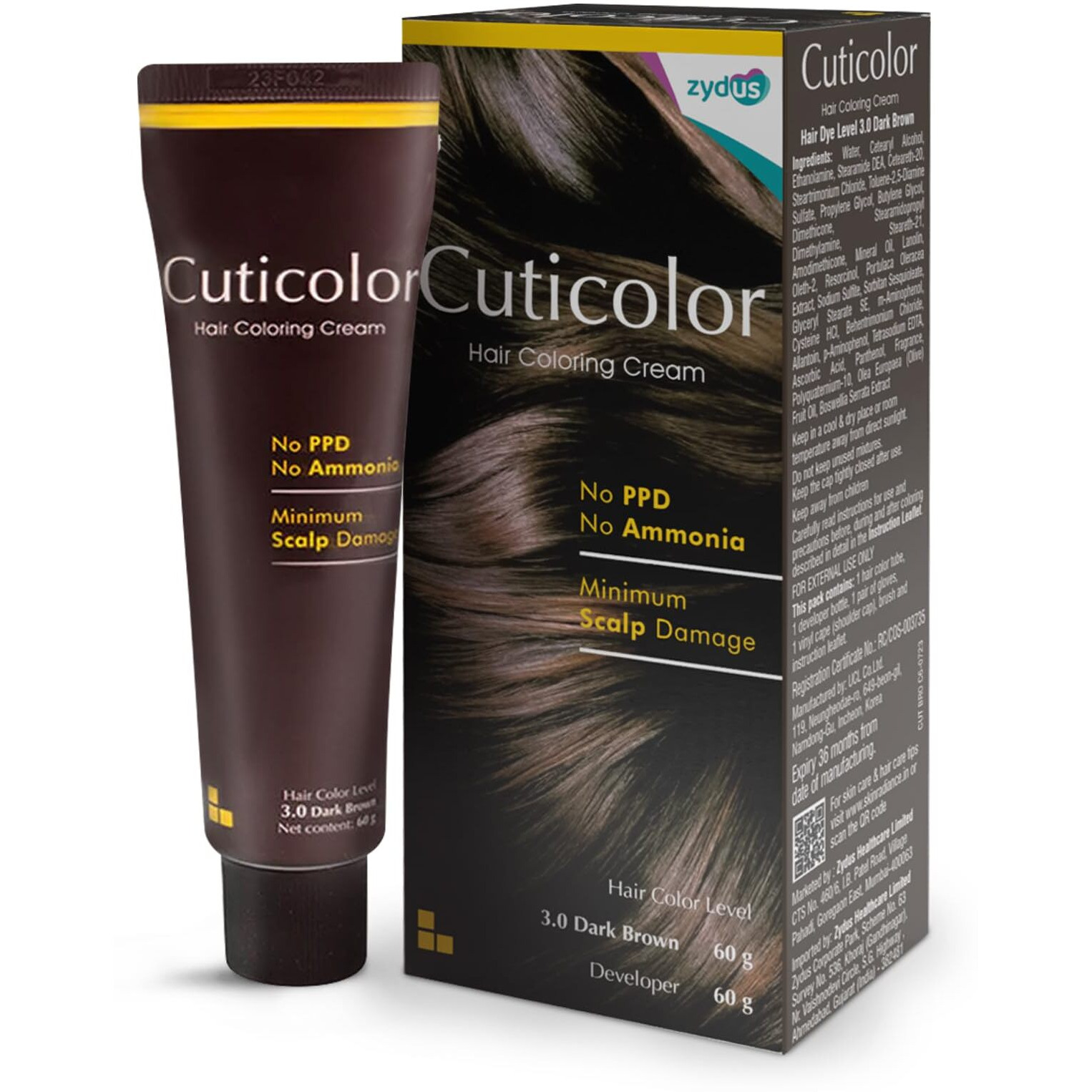 Cuticolor Permanent Hair Color Cream| Dr prescribed| Eco Mechanism for Preserving Scalp Health| No Ammonia| No PPD| Enriched with Portulaca & Boseivela Extracts - Dark Brown (120g)