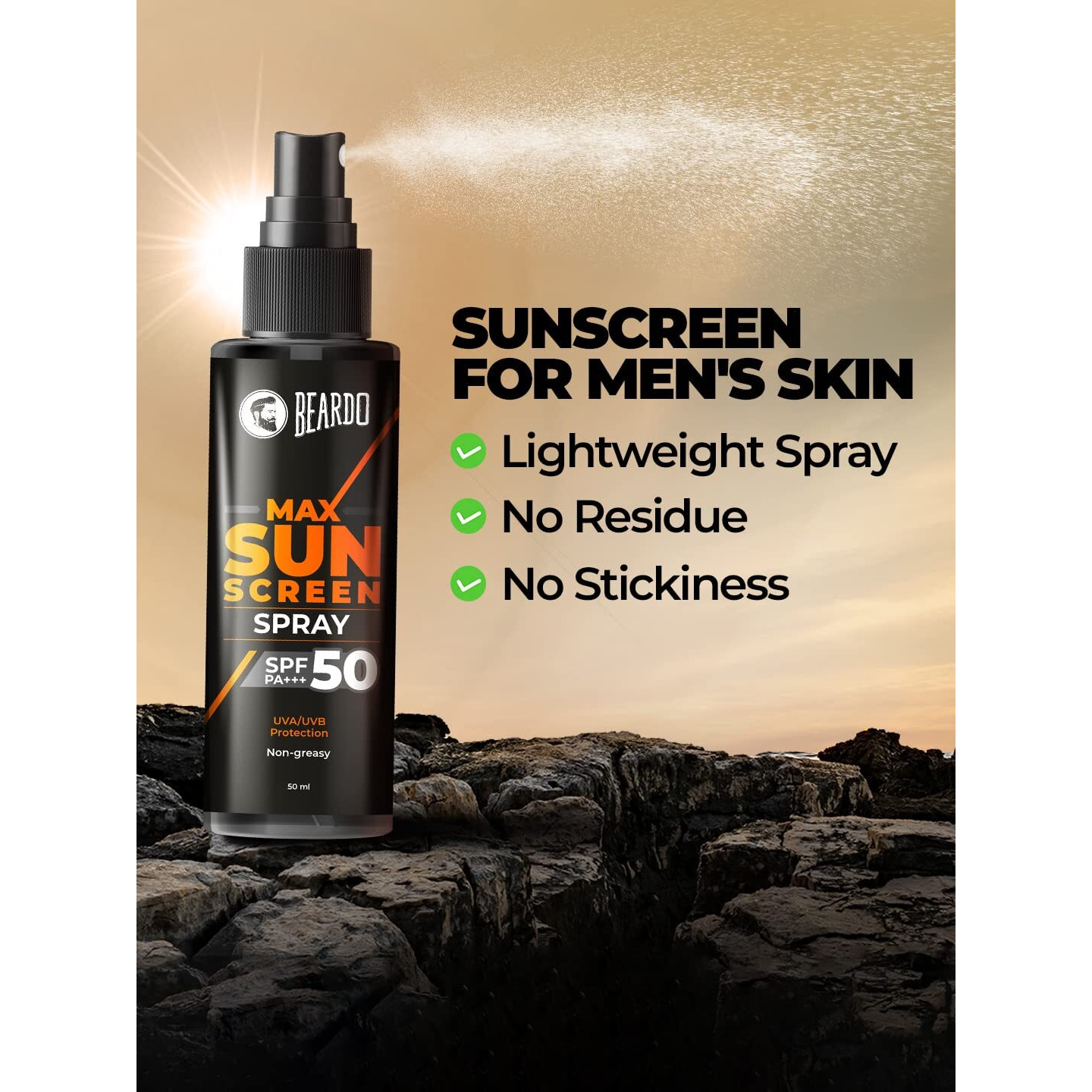 Beardo Max Sunscreen SPF 50 & PA+++ Spray for Men | Non-greasy Sunscreen for Men | Easy Application Sunscreen Spray | Sunscreen For Oily Skin | UVA UVB Protection | 50ml