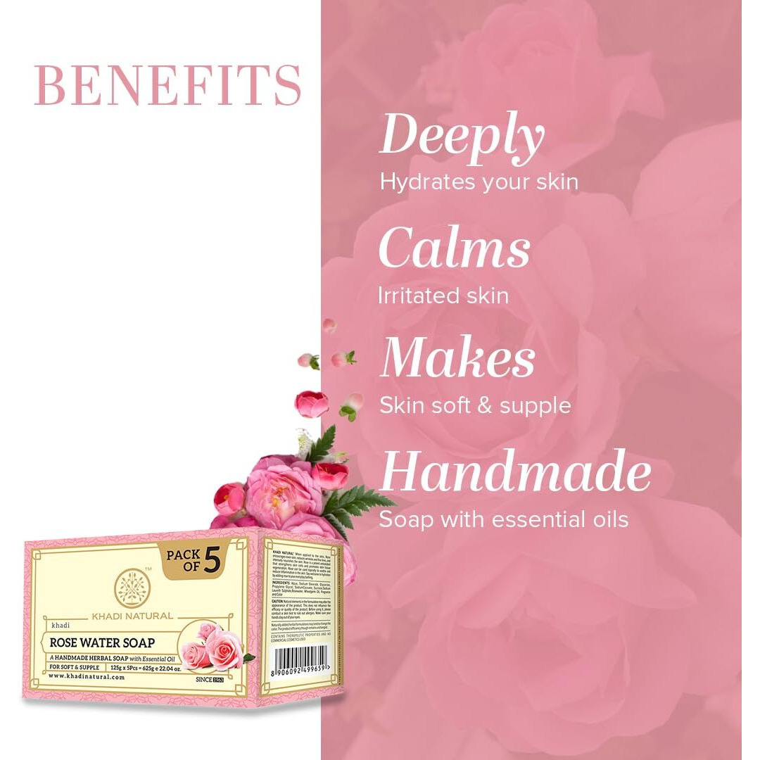 KHADI NATURAL Ayurvedic Rosewater Handmade Soap| Hyderates & Nourishes Skin| Vitamin-Rich | Maintains pH Levels | Softens & Rejuvenates (Pack of 5) (5x125 g) (625 g)