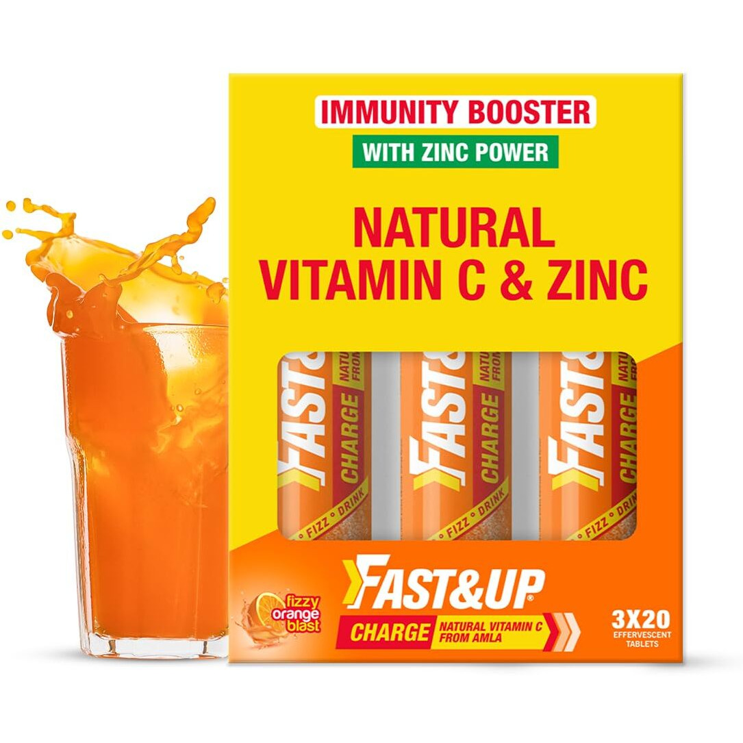 Fast&Up Charge Natural Vitamin C - 60 Effervescent Tablets, Amla Extract + Zinc for Daily Immunity | Helps to boost & Strengthens Collagen for Healthy Skin, Hair & Nails- Orange Flavour