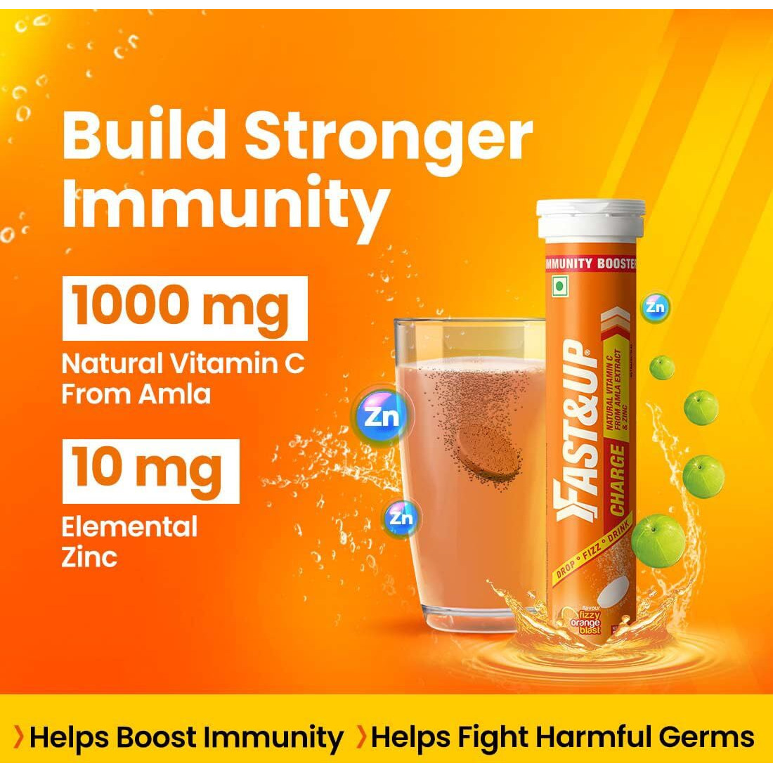 Fast&Up Charge Natural Vitamin C - 60 Effervescent Tablets, Amla Extract + Zinc for Daily Immunity | Helps to boost & Strengthens Collagen for Healthy Skin, Hair & Nails- Orange Flavour