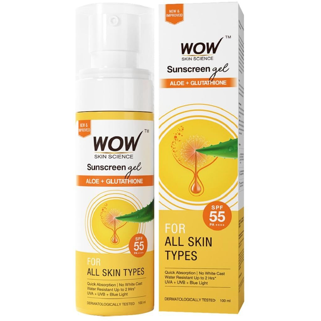 WOW Skin Science Sunscreen Gel For All Skin Types | SPF 55 PA++++ | With Glutathione & Aloe Vera Extract | Lightweight | Quick Absorbing | No White Cast | UVA & UVB Protection | 100 ml