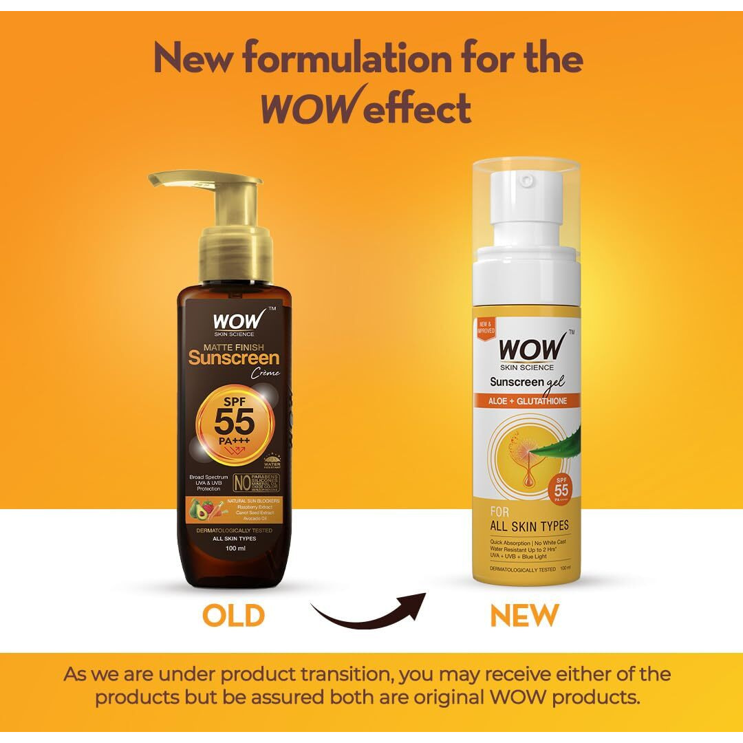 WOW Skin Science Sunscreen Gel For All Skin Types | SPF 55 PA++++ | With Glutathione & Aloe Vera Extract | Lightweight | Quick Absorbing | No White Cast | UVA & UVB Protection | 100 ml
