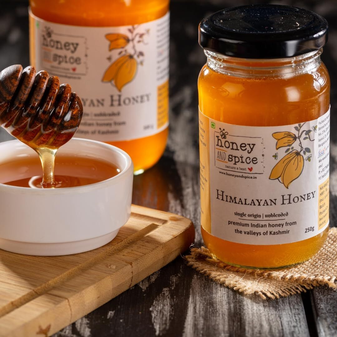 Honey and Spice Pure Raw Wild Honey (250g) | Single Origin honey From the bees of Kashmir Valleys With No Added Preservatives | 100% Raw and Pure | Unblended and Unpasteurized | Natural and Original | Unprocessed | No Added Sugar | FDA certified