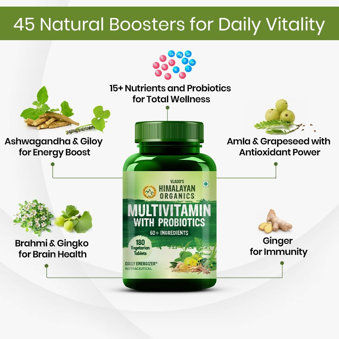 Himalayan Organics Multivitamin for Men & Women with 40 Ingredients - 180 Tablets - with Probiotics