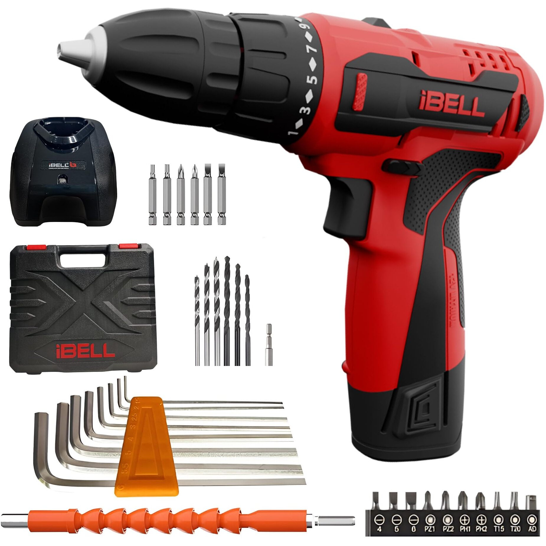 IBELL 12V Cordless Drill Driver CD12-74|17 Settings (+1 Mode setting)|1450 RPM|10mm Keyless Chuck|LED Light |2-Speed Mode|1500mAh Battery|32 Accessories|Perfect for Home & DIY Projects