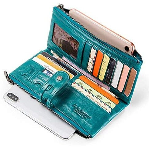 Contacts Bifold Wallets for Women | Genuine Leather Ladies Clutch/Wallet with RFID Protection | Slim Zipper Purse/Card Holder Organizer for Women (W15-Teal Blue)