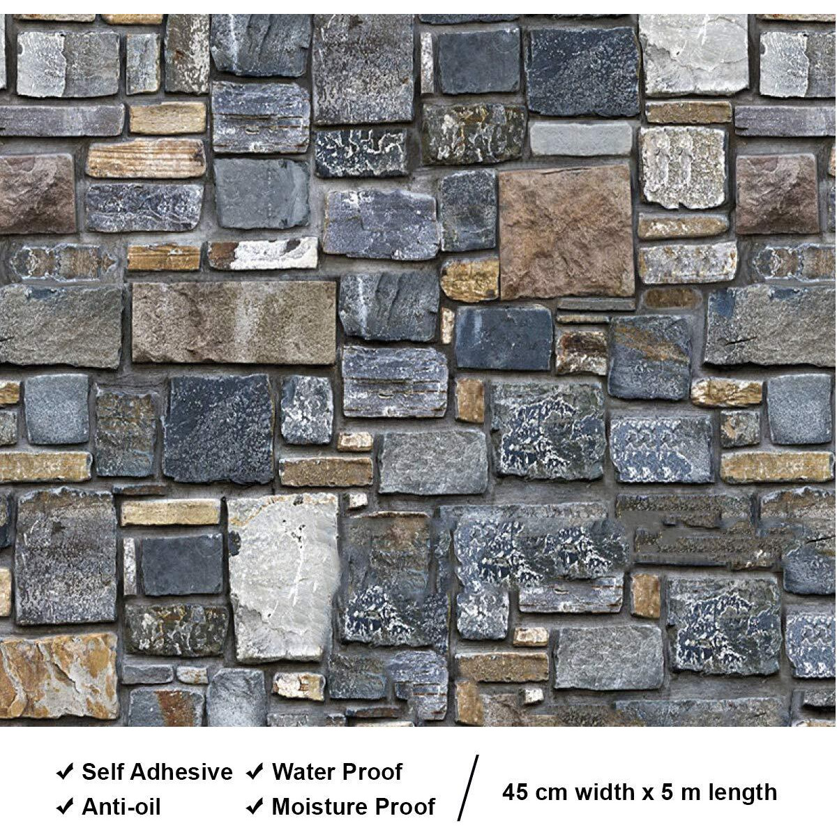 wolpin Wall Stickers DIY Decals Wallpaper 3D Brick Stone Self Adhesive, (45 x 500 cm) Multicolor Stone 24.27 sq ft