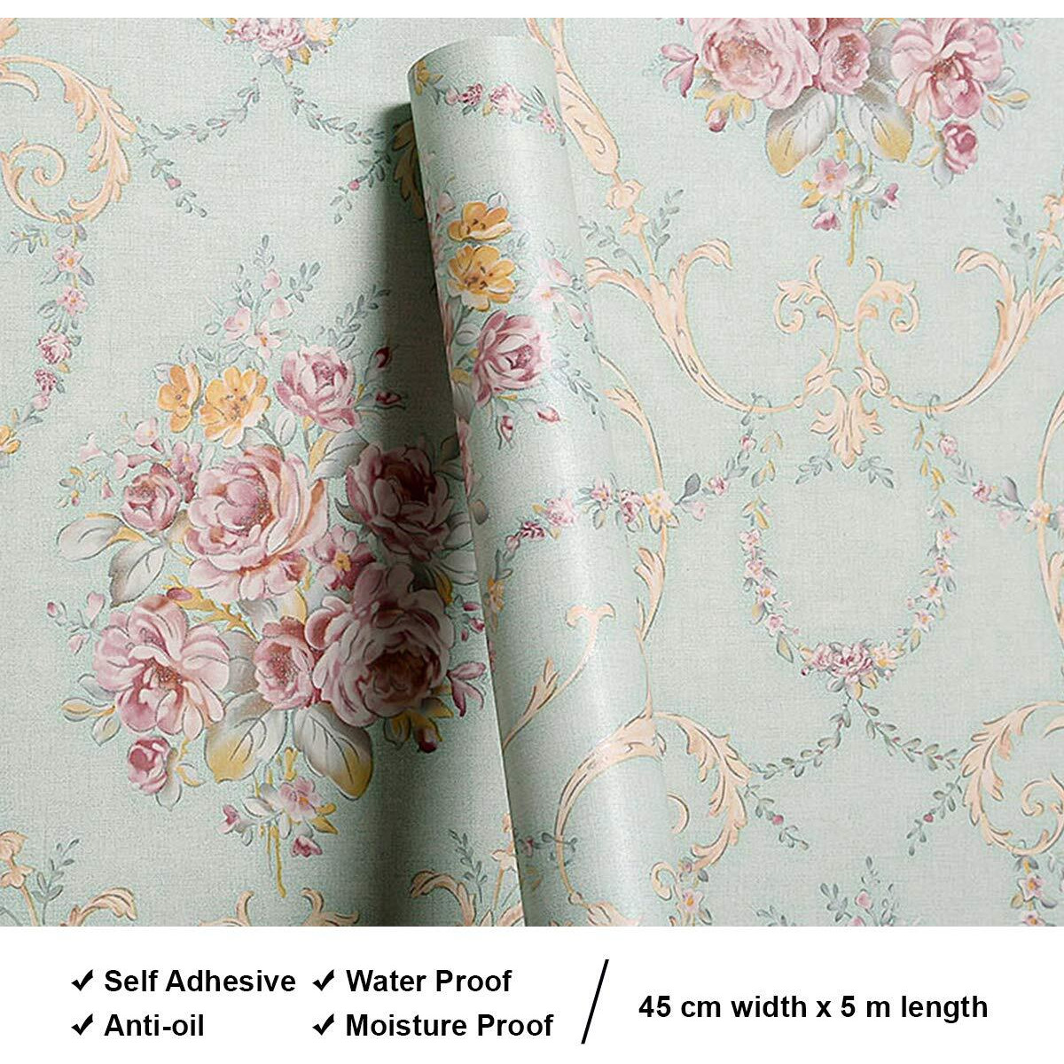 wolpin Wall Stickers DIY Decals Wallpaper (45 x 500 cm) Damask Flower Self Adhesive, Sage Green